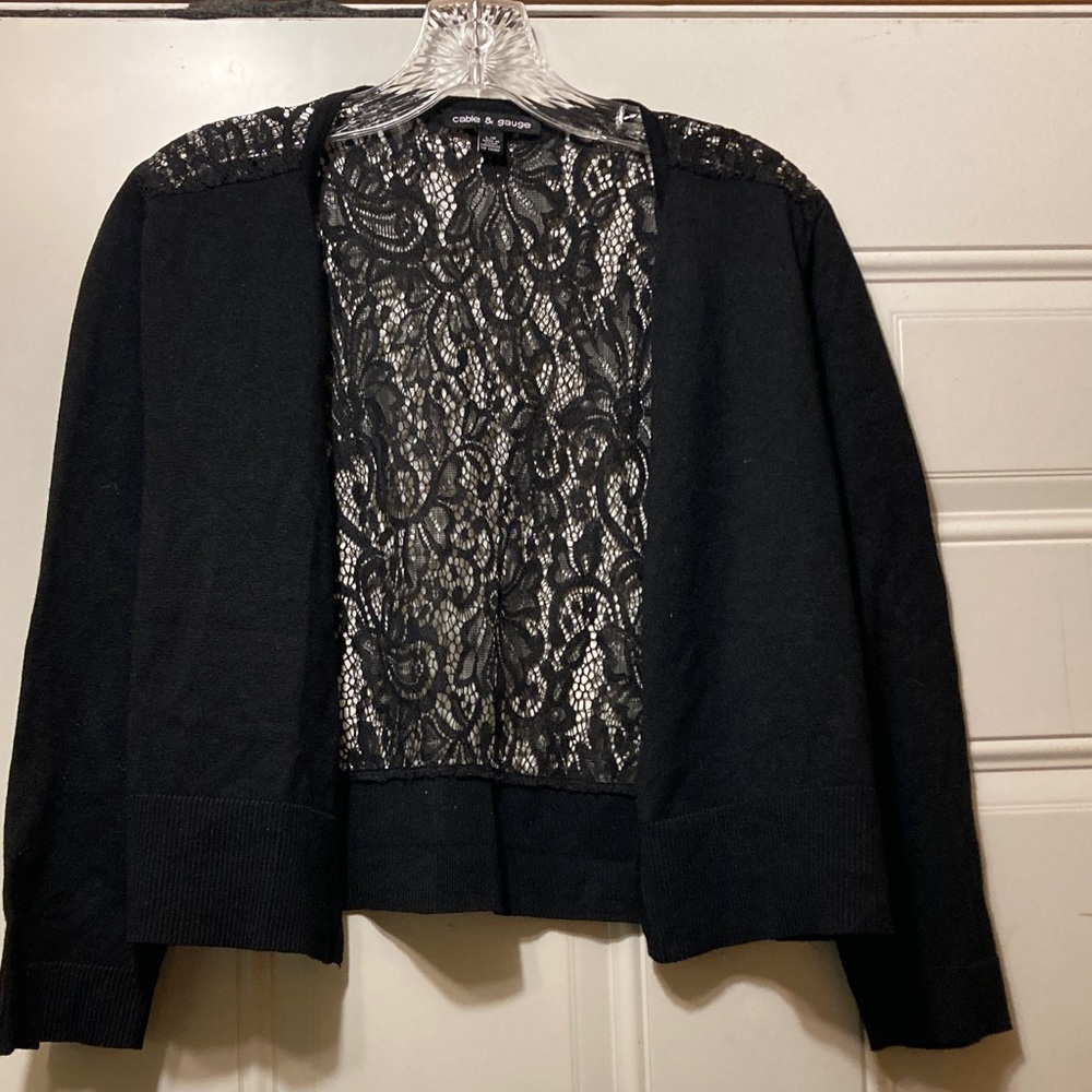 Cable& Gauge Black Open-Front Cardigan with Lace Back L